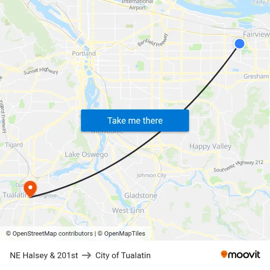 NE Halsey & 201st to City of Tualatin map
