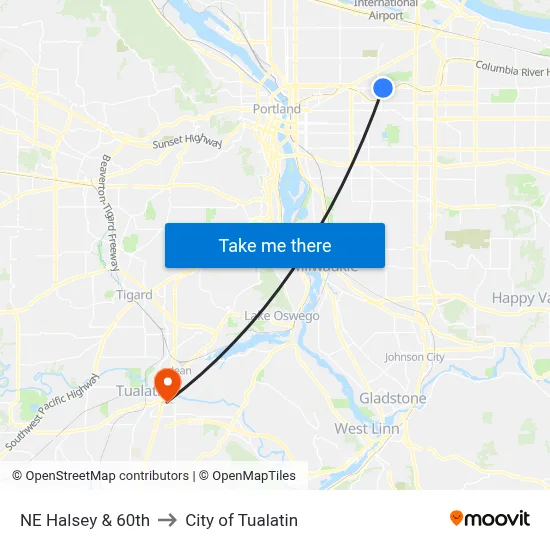 NE Halsey & 60th to City of Tualatin map