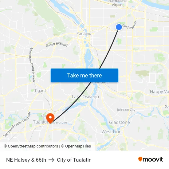 NE Halsey & 66th to City of Tualatin map
