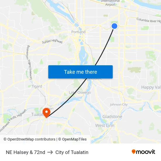 NE Halsey & 72nd to City of Tualatin map