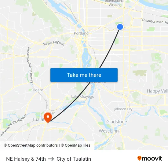 NE Halsey & 74th to City of Tualatin map