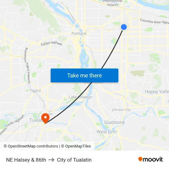 NE Halsey & 86th to City of Tualatin map