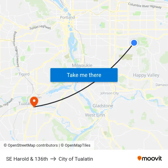SE Harold & 136th to City of Tualatin map