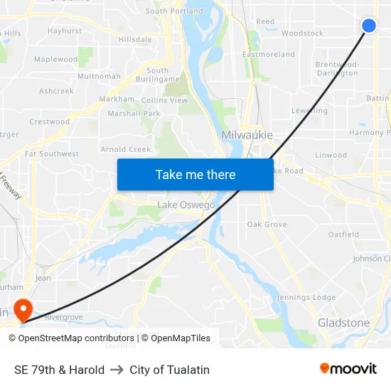 SE 79th & Harold to City of Tualatin map