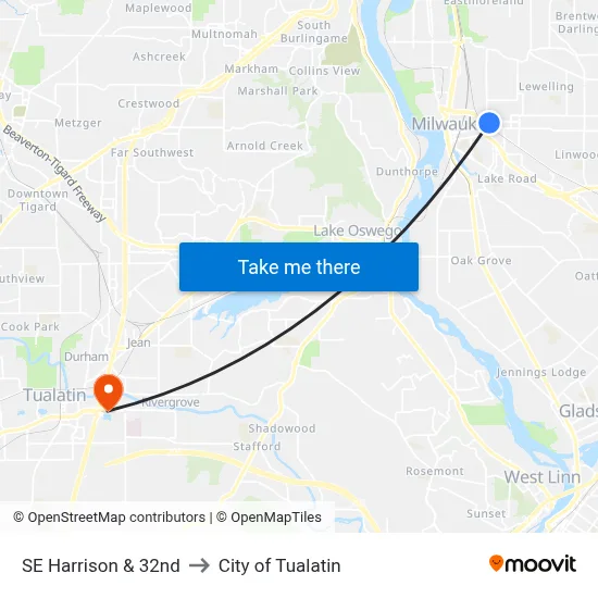SE Harrison & 32nd to City of Tualatin map