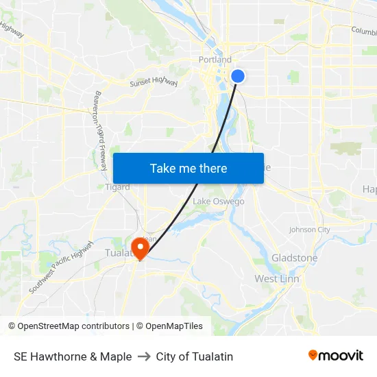 SE Hawthorne & Maple to City of Tualatin map