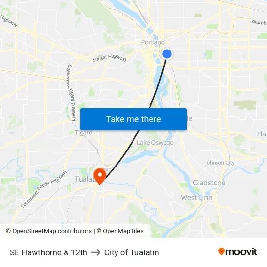 SE Hawthorne & 12th to City of Tualatin map
