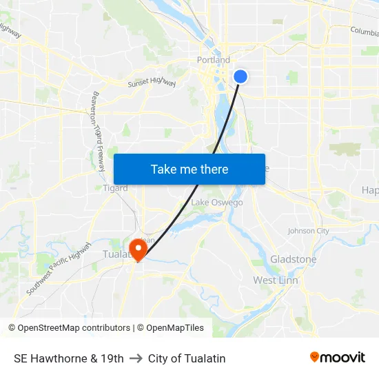 SE Hawthorne & 19th to City of Tualatin map