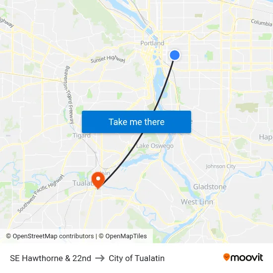 SE Hawthorne & 22nd to City of Tualatin map