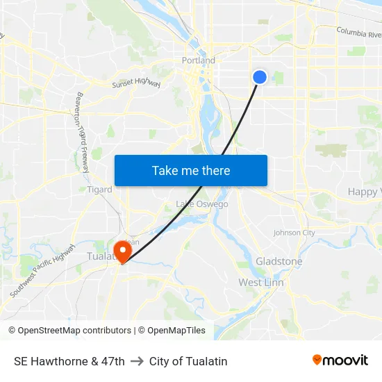 SE Hawthorne & 47th to City of Tualatin map