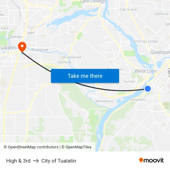High & 3rd to City of Tualatin map