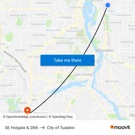 SE Holgate & 28th to City of Tualatin map