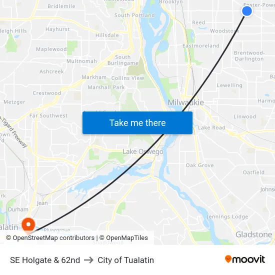 SE Holgate & 62nd to City of Tualatin map