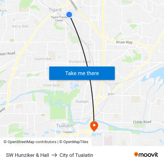 SW Hunziker & Hall to City of Tualatin map
