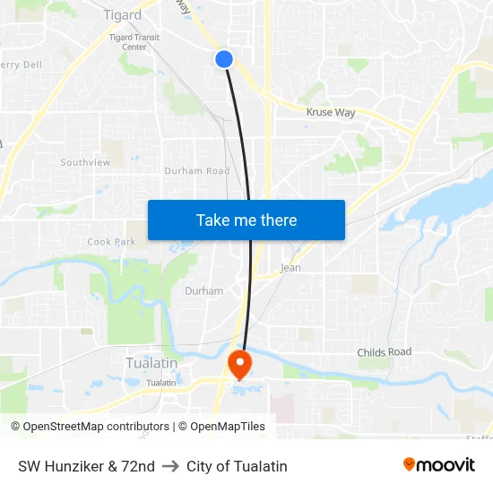 SW Hunziker & 72nd to City of Tualatin map