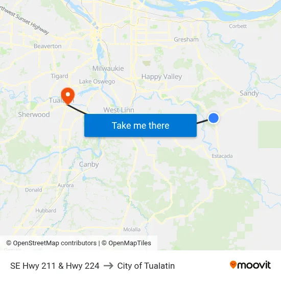 SE Hwy 211 & Hwy 224 to City of Tualatin map