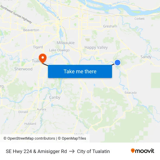 SE Hwy 224 & Amisigger Rd to City of Tualatin map