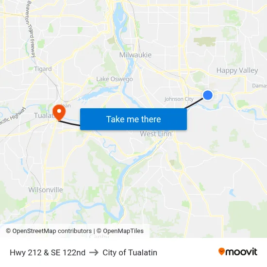 Hwy 212 & SE 122nd to City of Tualatin map