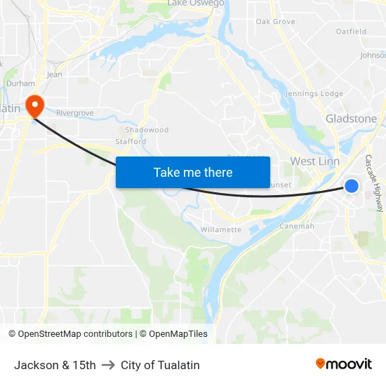 Jackson & 15th to City of Tualatin map