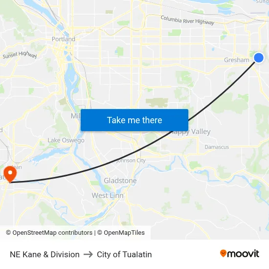 NE Kane & Division to City of Tualatin map