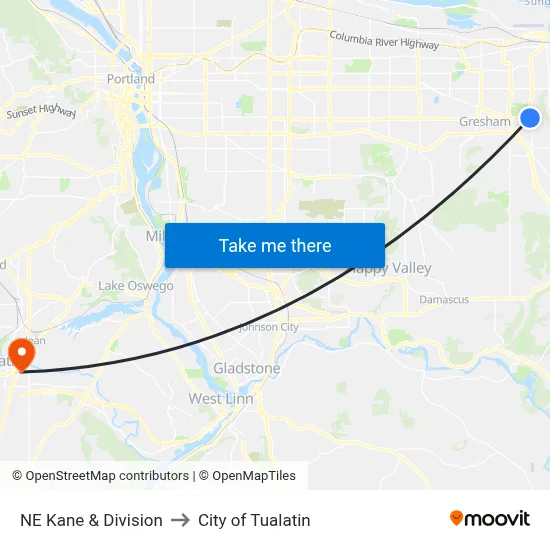 NE Kane & Division to City of Tualatin map