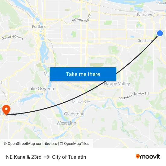 NE Kane & 23rd to City of Tualatin map