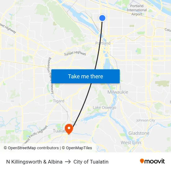 N Killingsworth & Albina to City of Tualatin map