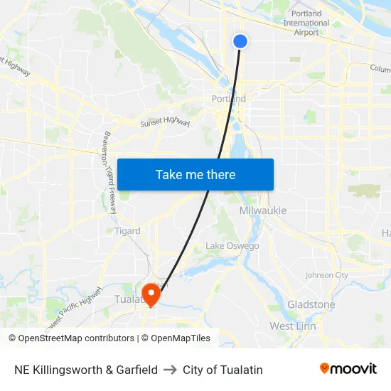 NE Killingsworth & Garfield to City of Tualatin map