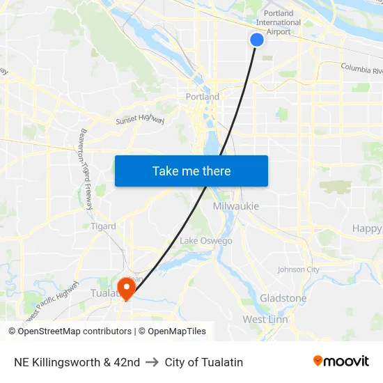 NE Killingsworth & 42nd to City of Tualatin map