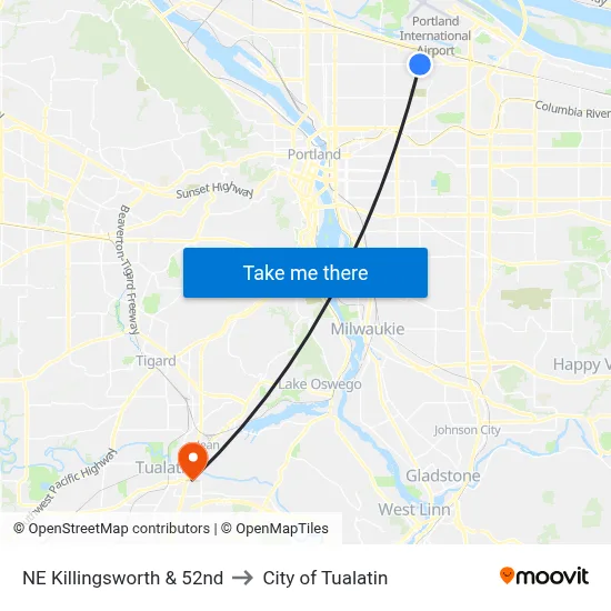 NE Killingsworth & 52nd to City of Tualatin map