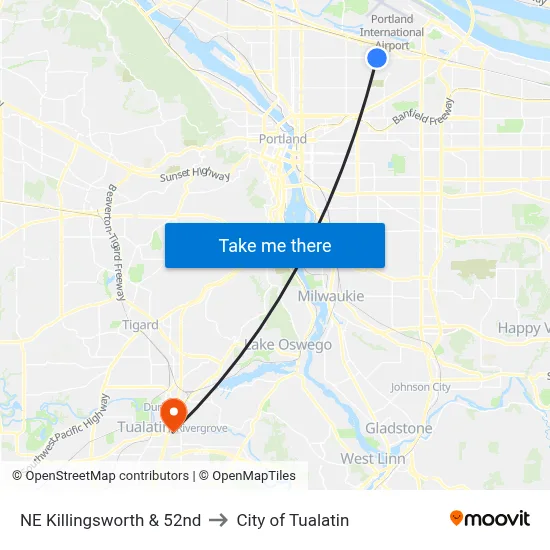 NE Killingsworth & 52nd to City of Tualatin map