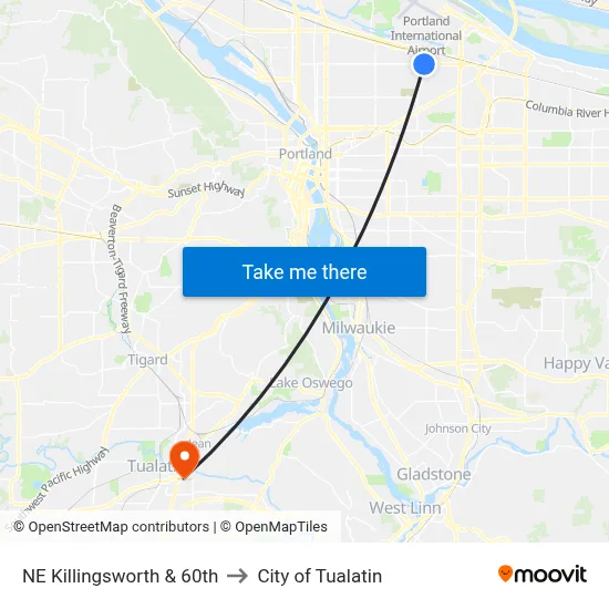 NE Killingsworth & 60th to City of Tualatin map