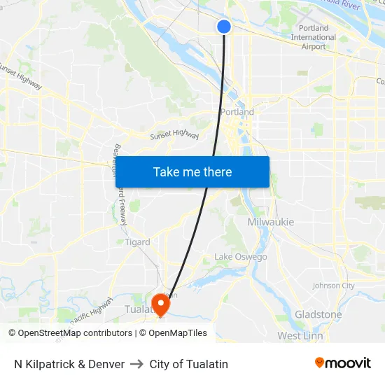 N Kilpatrick & Denver to City of Tualatin map