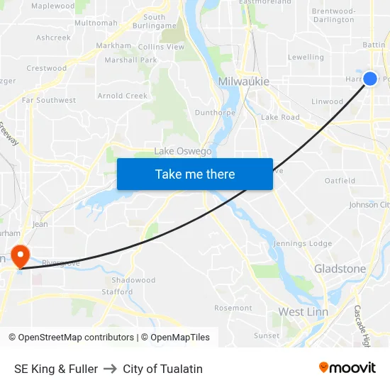 SE King & Fuller to City of Tualatin map