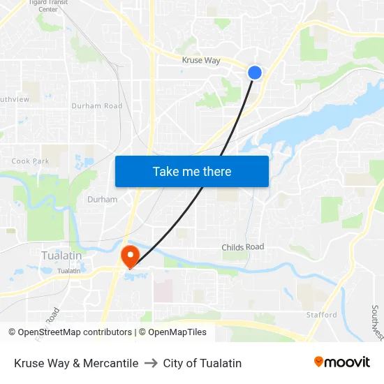 Kruse Way & Mercantile to City of Tualatin map