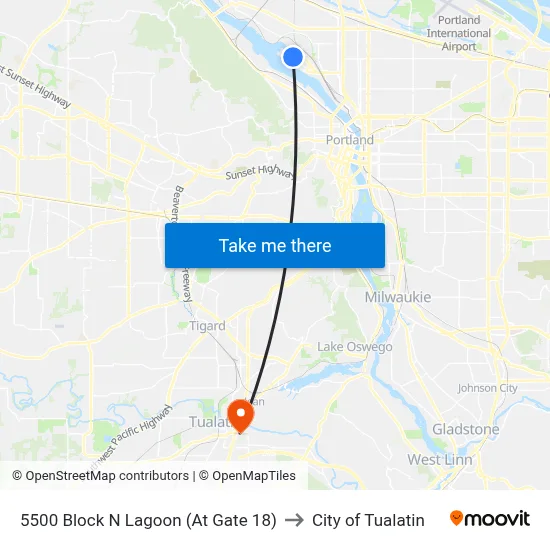5500 Block N Lagoon (At Gate 18) to City of Tualatin map