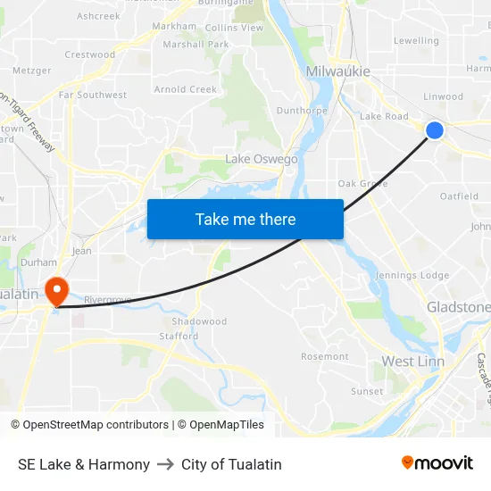 SE Lake & Harmony to City of Tualatin map