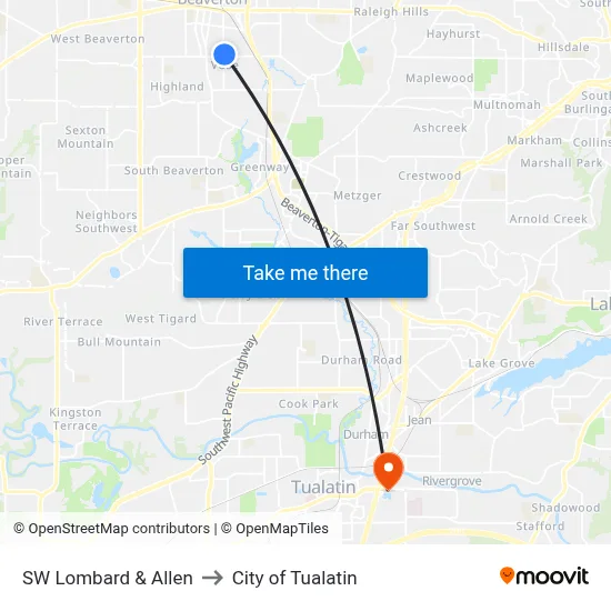 SW Lombard & Allen to City of Tualatin map