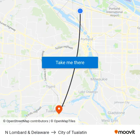 N Lombard & Delaware to City of Tualatin map