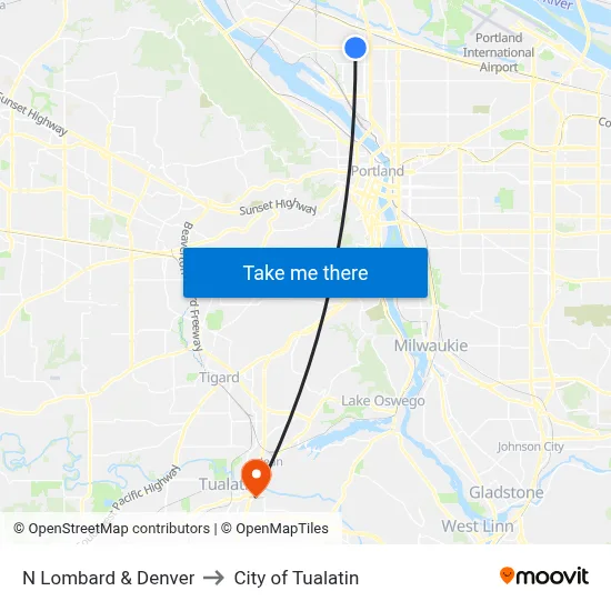 N Lombard & Denver to City of Tualatin map