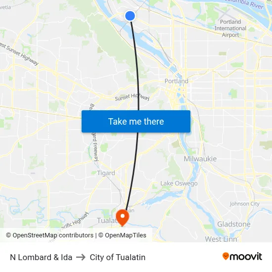 N Lombard & Ida to City of Tualatin map
