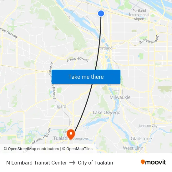 N Lombard Transit Center to City of Tualatin map