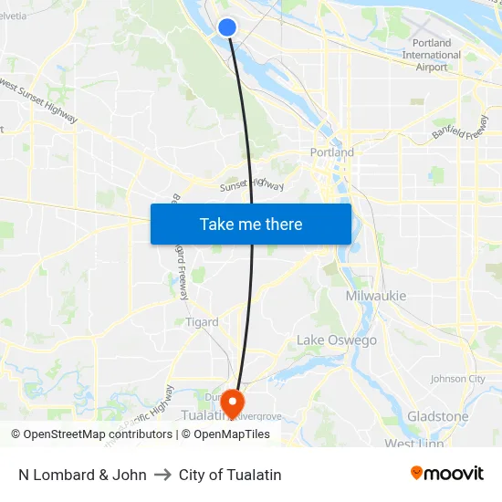 N Lombard & John to City of Tualatin map