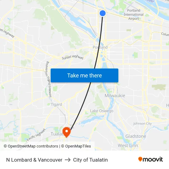 N Lombard & Vancouver to City of Tualatin map