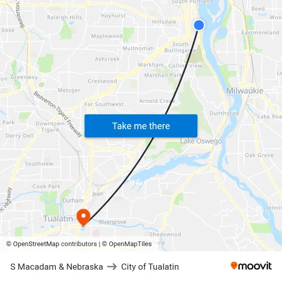 S Macadam & Nebraska to City of Tualatin map