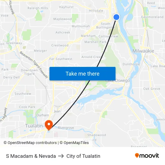 S Macadam & Nevada to City of Tualatin map