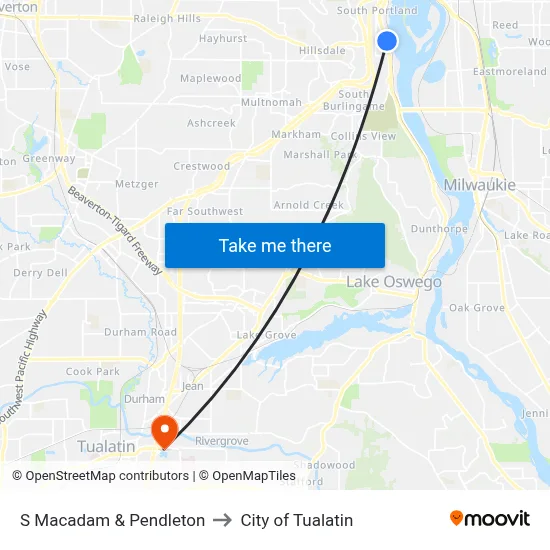 S Macadam & Pendleton to City of Tualatin map