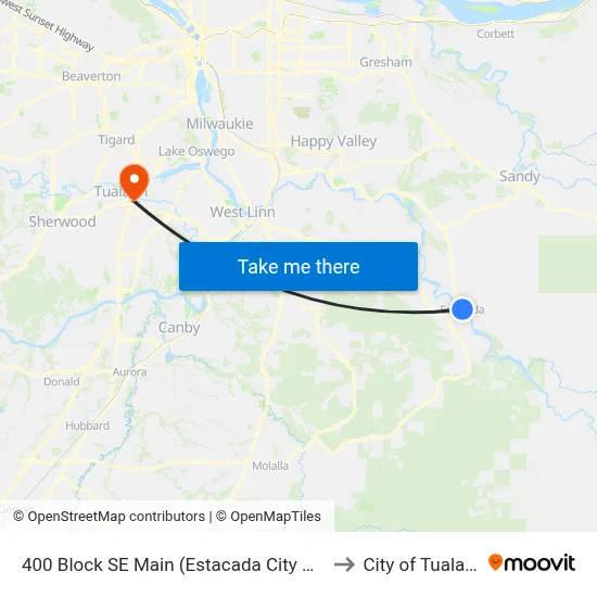 400 Block SE Main (Estacada City Hall) to City of Tualatin map