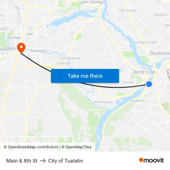 Main & 8th St to City of Tualatin map