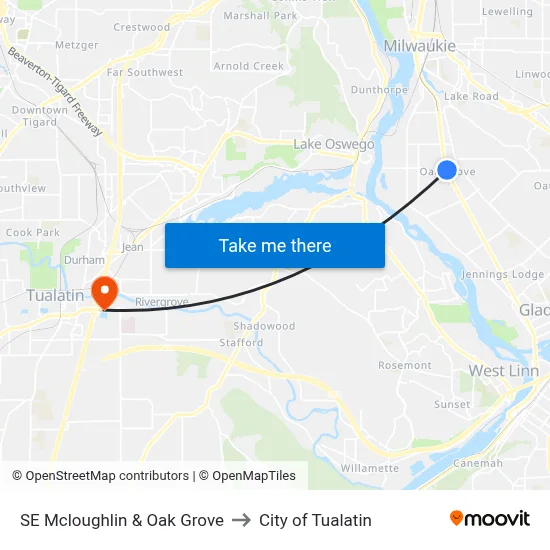 SE Mcloughlin & Oak Grove to City of Tualatin map